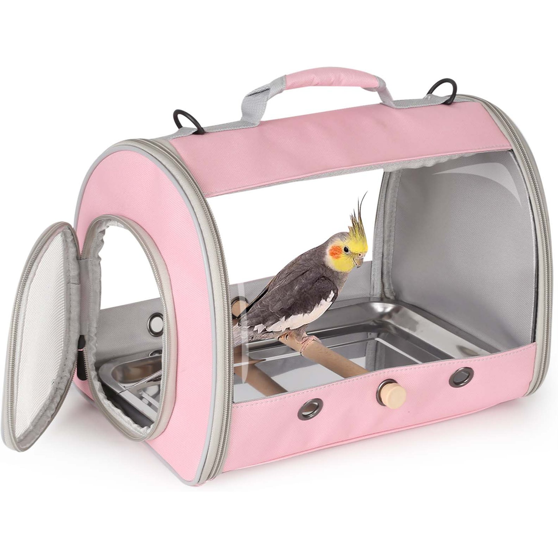 Halinfer Portable Bird Carrier Bag with Stainless Steel Tray & Wood Perch, 1.3-lb, Pink