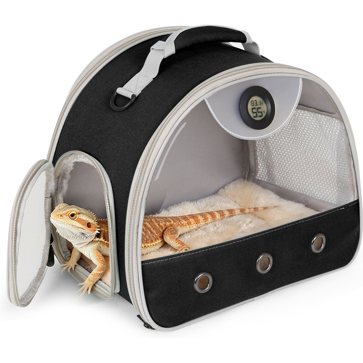Halinfer Carry Handle Bearded Dragon Reptile Carrier Built-in Thermometer & Humidity Gauge, 12-in, Black