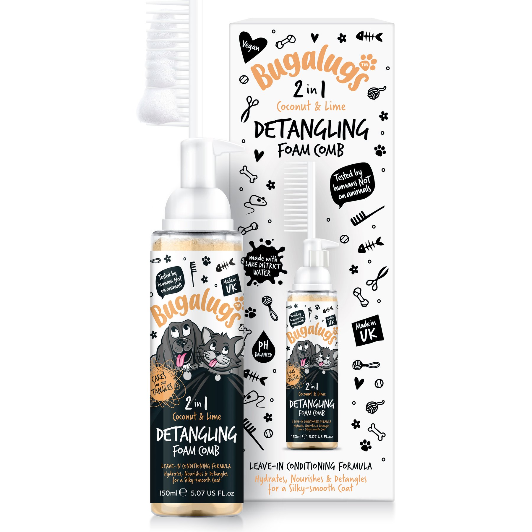 Bugalugs Pet Care Coconut Detangling Comb No Rinse Dog Grooming Foam, 6.76-fl oz bottle