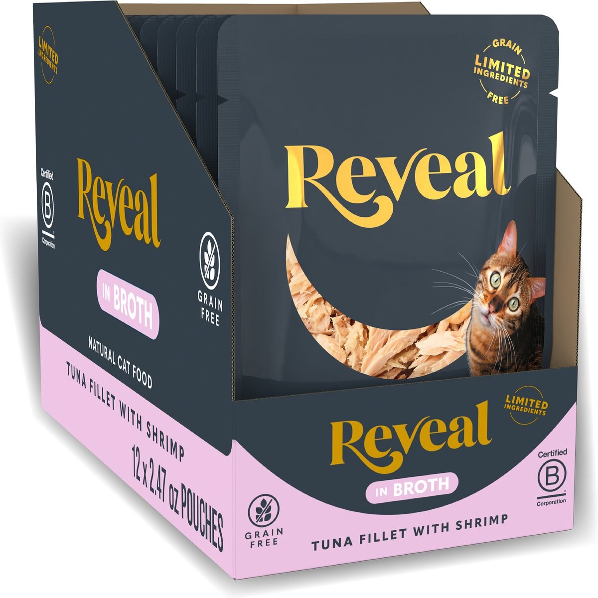 Reveal Natural Grain-Free Tuna with Shrimp in Broth Flavored Wet Cat Food, 2.47-oz pouch, case of 12