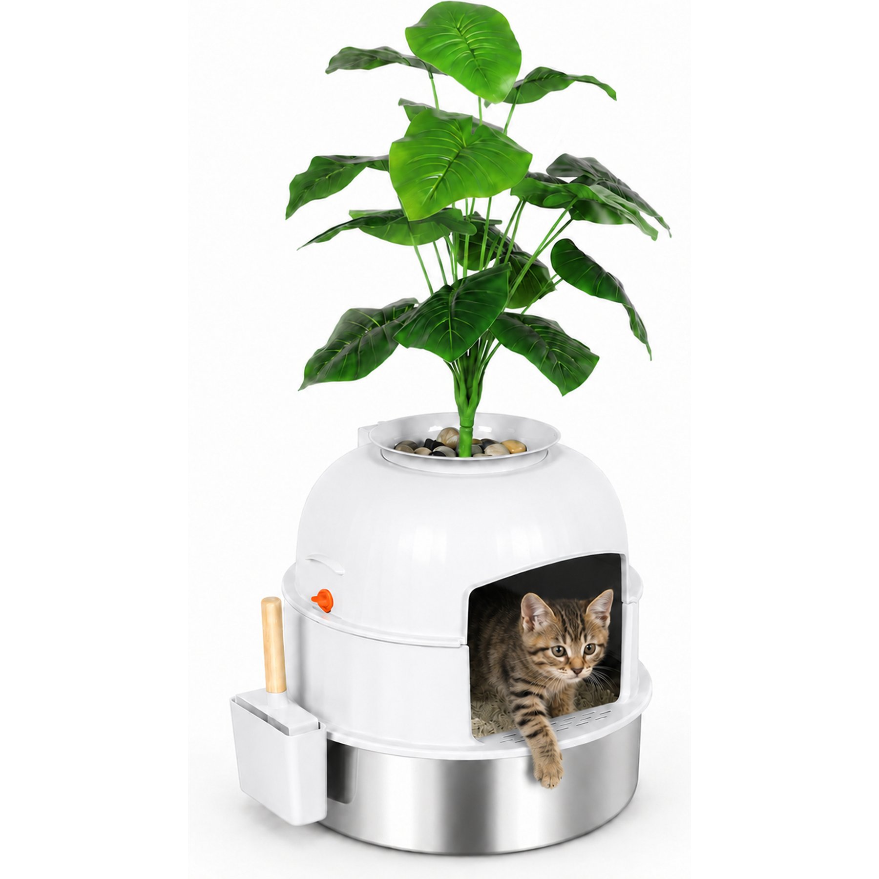 Lobeve Faux Plant Decor Hidden Stainless Steel Cat Litter Box, White