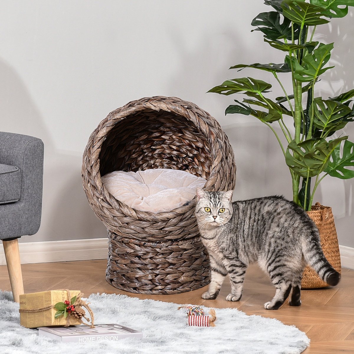 Bencmate Handwoven Raised Novelty Elevated Cat Bed, Grey, Medium