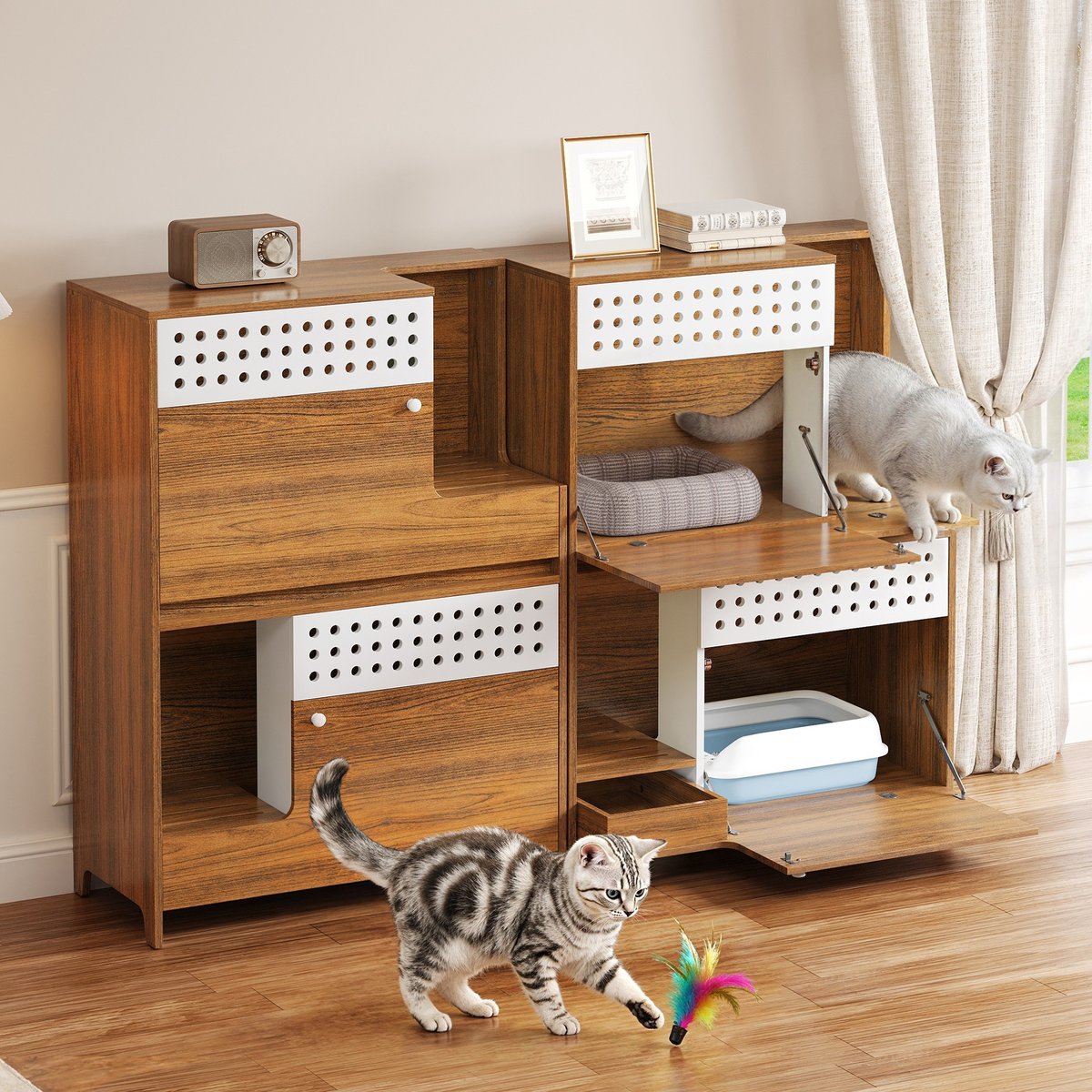 Bencmate 2-Piece Modern 2-in-1 Side Table Cat Litter Box Enclosure, Brown