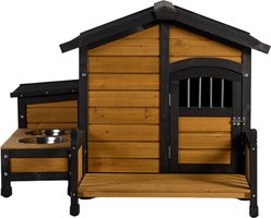 Bencmate Weatherproof Wooden Outdoor Dog House with Feeding Station, Yellow, Large