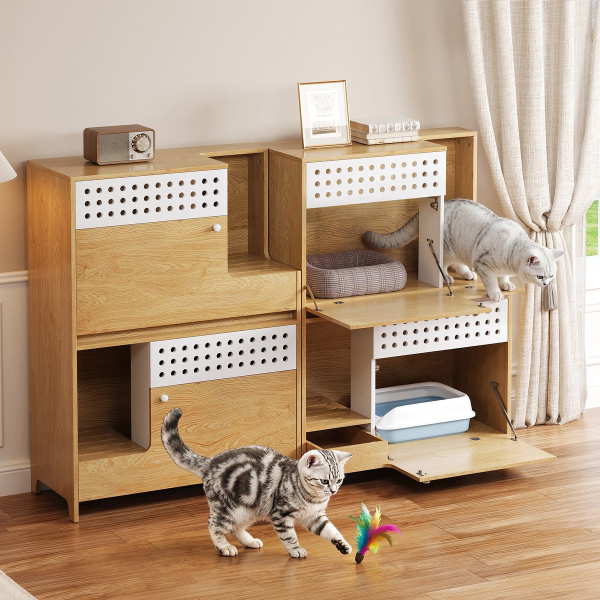 Trygoal 2-Piece Modern 2-in-1 Side Table Cat Litter Box Enclosure, Beige