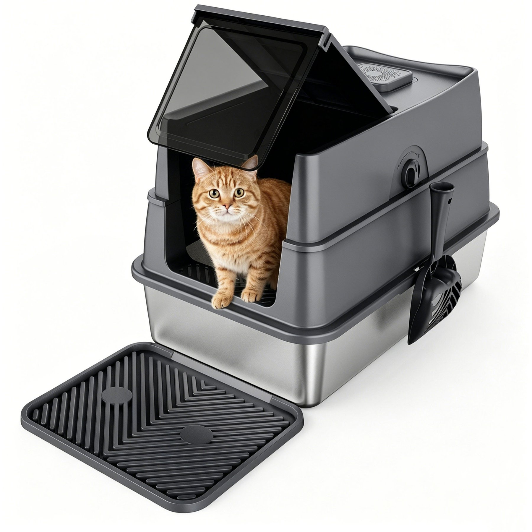 AIPERRO Non Sticky Leak Proof Stainless Steel Cat Litter Box with Lid & Scoop Set, 20-lb, Dark Grey