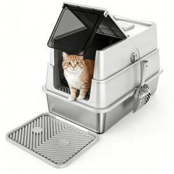 AIPERRO Non Sticky Leak Proof Stainless Steel Cat Litter Box with Lid & Scoop Set, 20-lb, Silver Grey