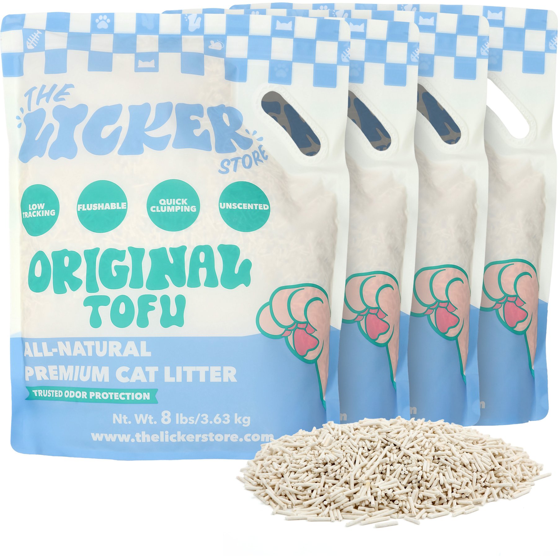 THE LICKER STORE Ultra Absorbent Fast Clumping Flushable Unscented Tofu Cat Litter, 8-lb bag, bundle of 4