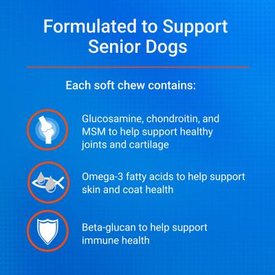 Show full view: Nutramax Cosequin Joint Health Supplement with Glucosamine, Chondroitin, MSM, Omega-3s & Beta-Glucan Soft Chews for Senior Dogs, 120 count slide 8 of 12