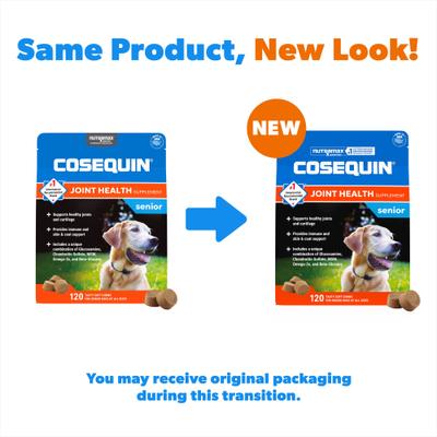 Show full view: Nutramax Cosequin Joint Health Supplement with Glucosamine, Chondroitin, MSM, Omega-3s & Beta-Glucan Soft Chews for Senior Dogs, 120 count slide 3 of 12