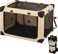 GAPZER Portable Travel Collapsible Soft Sided 3 Door Dog & Cat Crate Carrier with Mesh Window, Khaki, 26 x 18 x 18-in