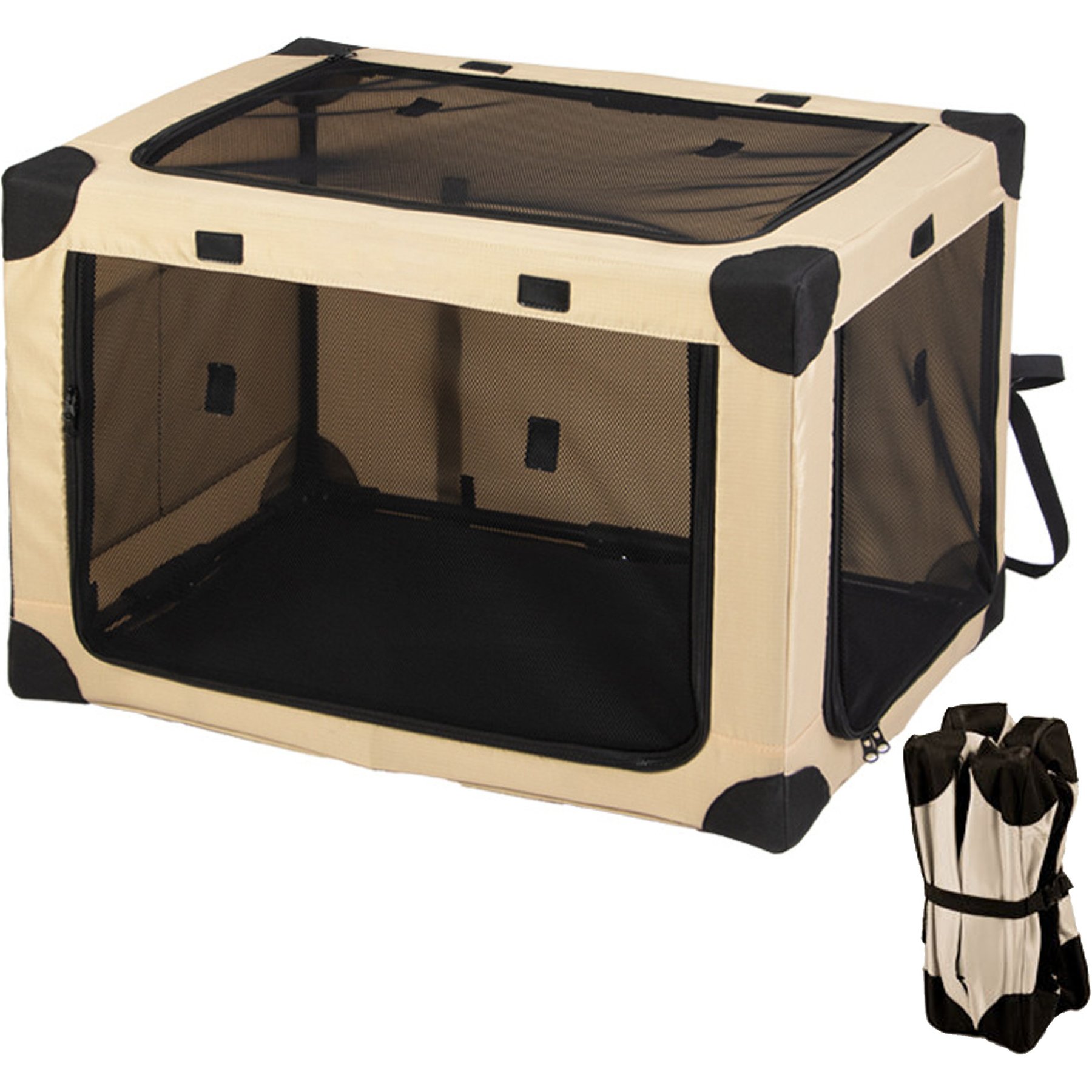GAPZER Portable Travel Collapsible Soft Sided 3 Door Dog & Cat Crate Carrier with Mesh Window, Khaki, 26 x 18 x 18-in