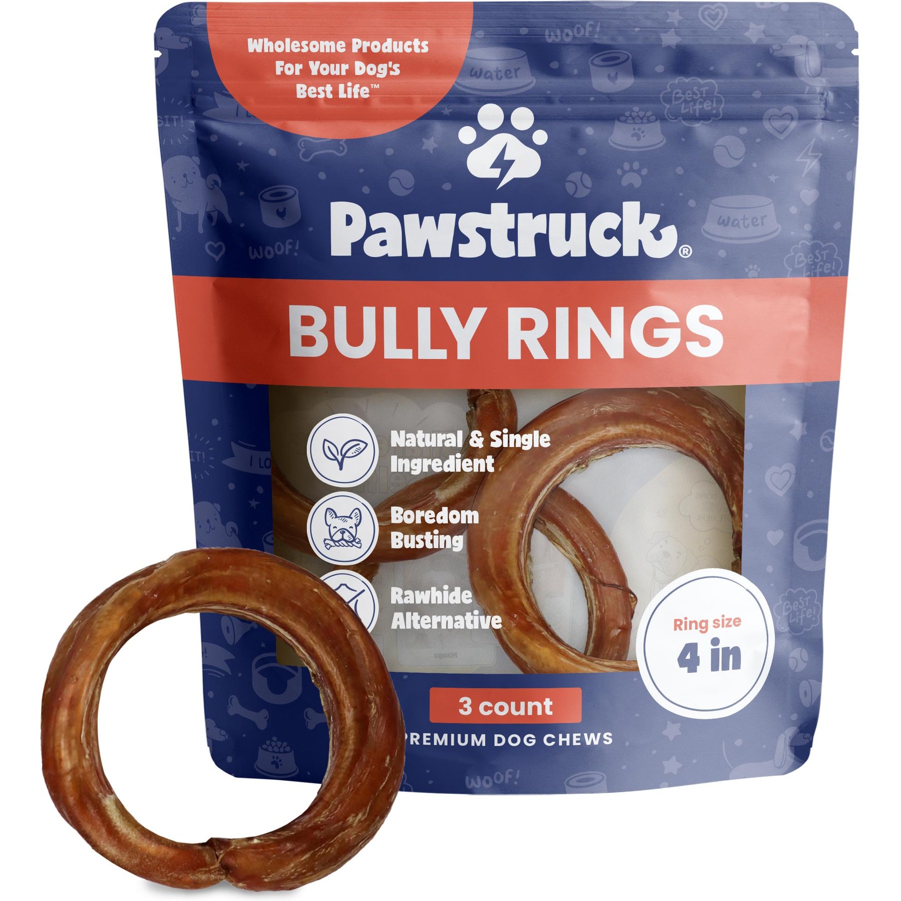 Pawstruck Natural 4-in Bully Stick Rings Dog Chew Treats, 3 count