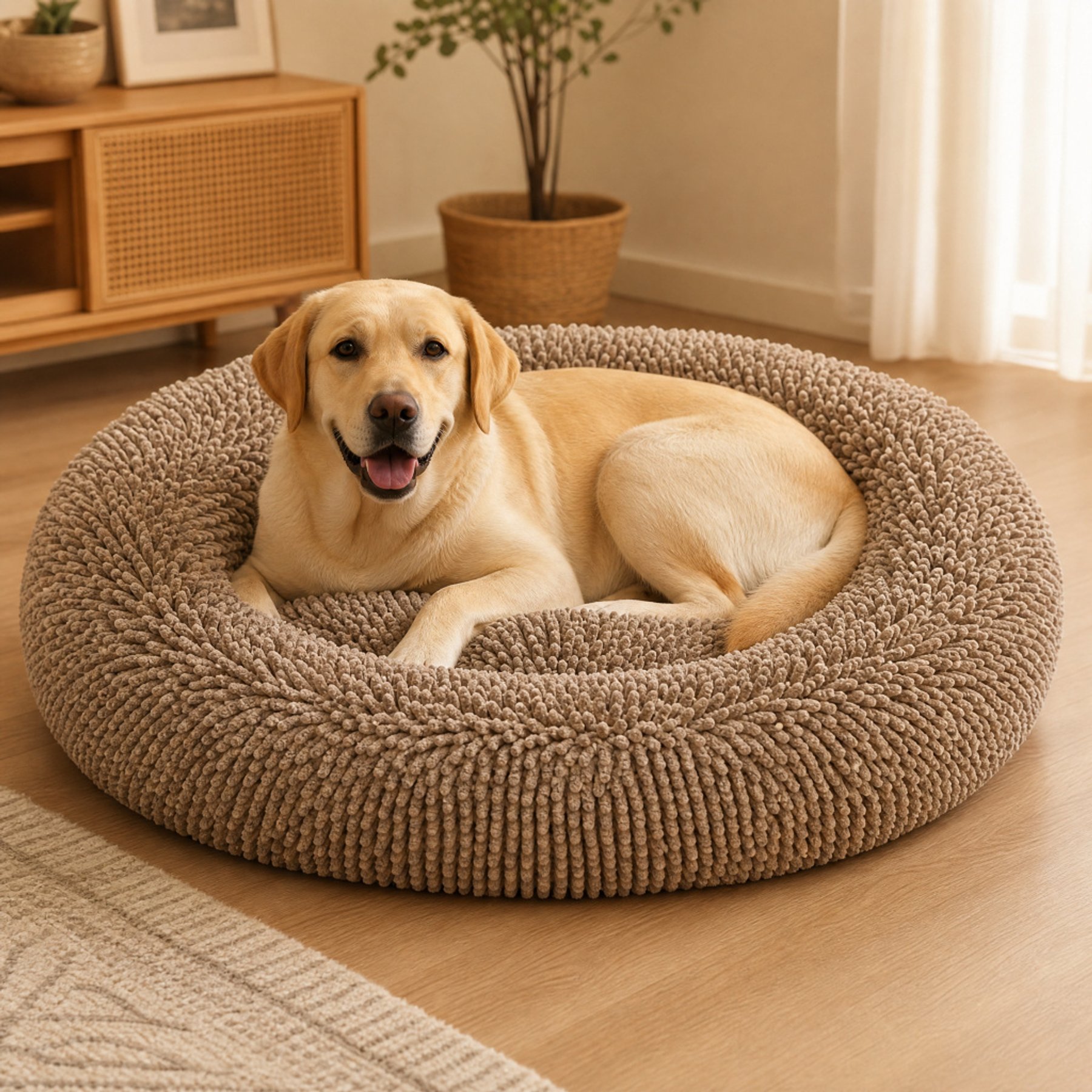 Kylinsure Calming Cuddler Chenille Donut Dog & Cat Bed, Beige, Jumbo