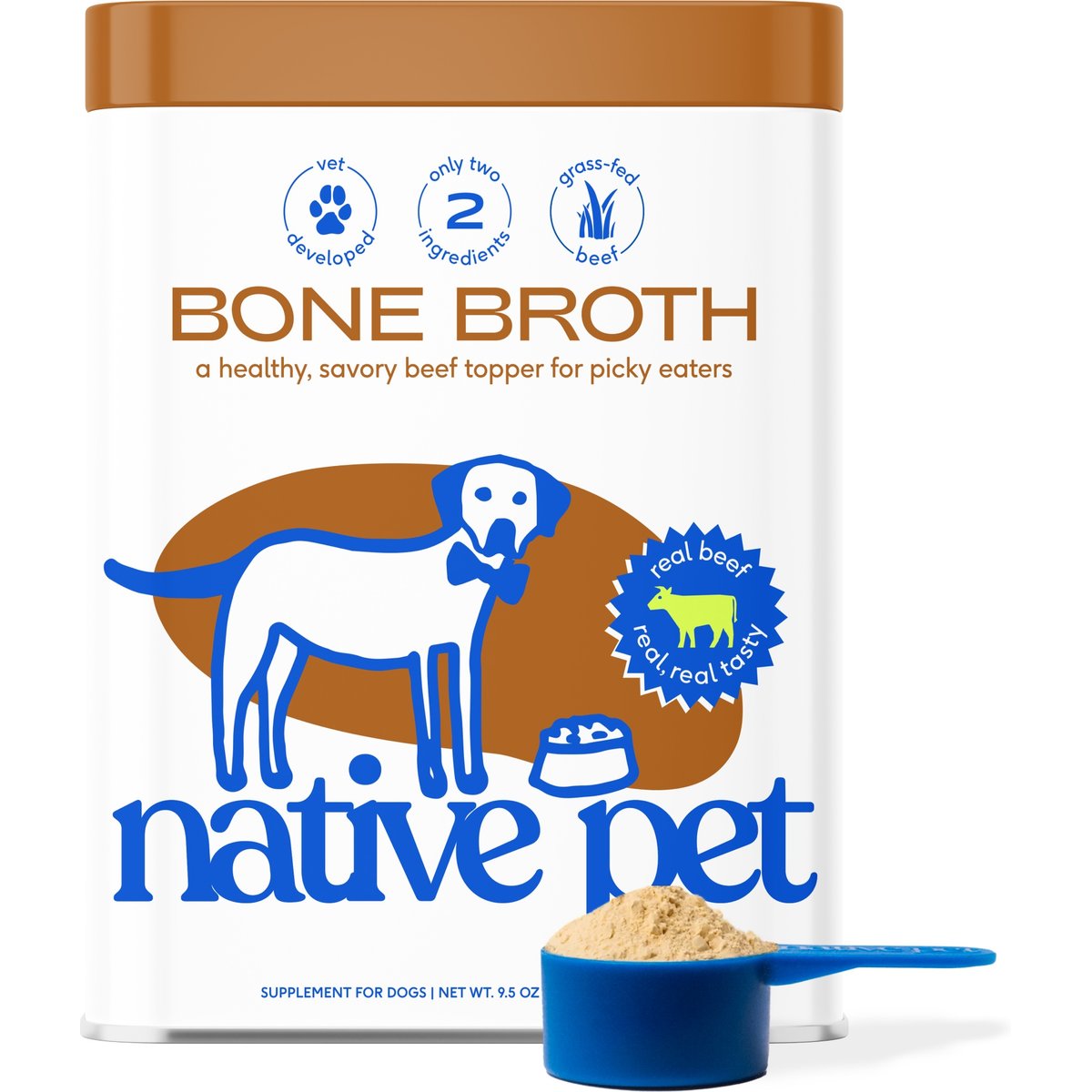 Native Pet Beef Bone Broth Powder, Organic Human Grade Food Topper for Dogs & Cats, 9.5-oz