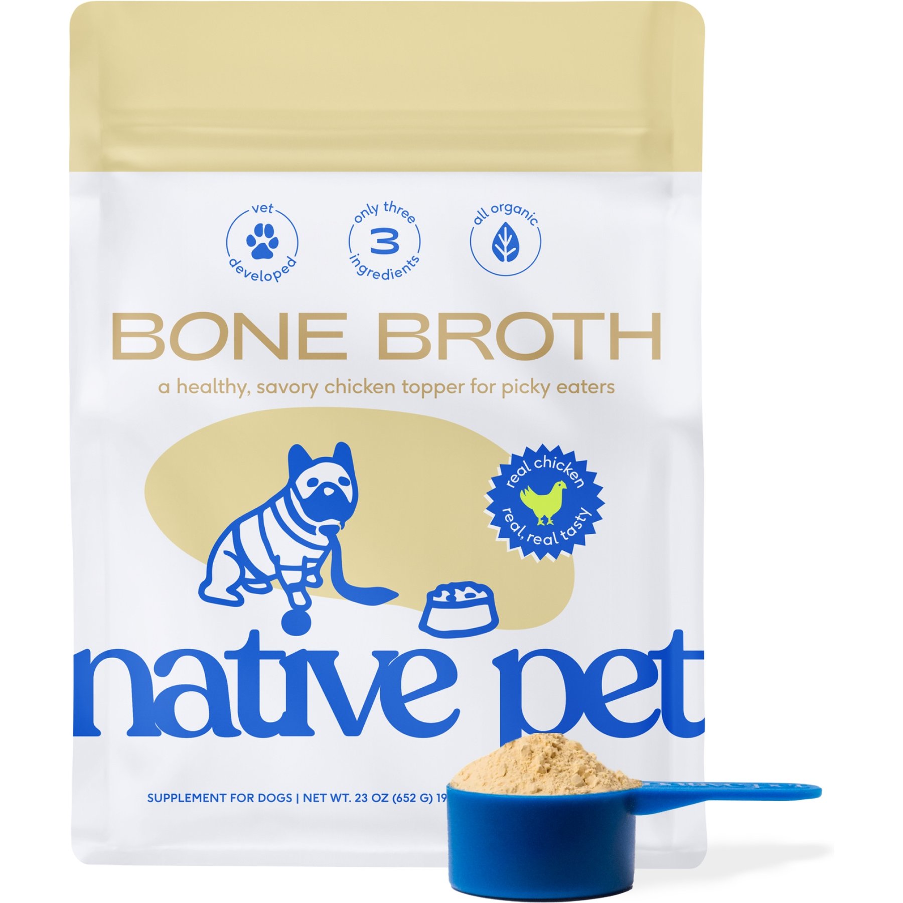 Native Pet Chicken Bone Broth Powder, Organic Human Grade Food Topper for Dogs & Cats, 23-oz tin