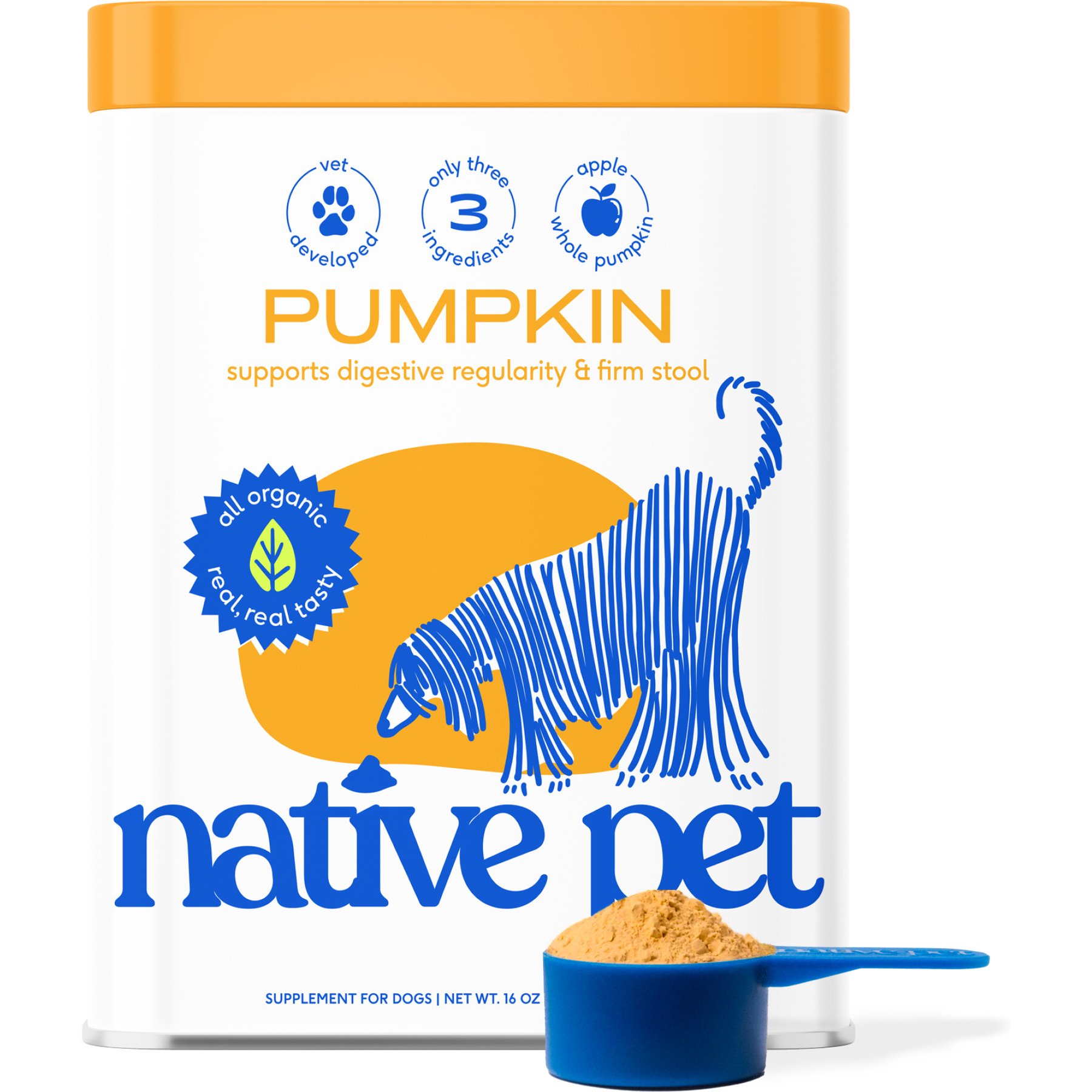 Native Pet Pumpkin Fiber Powder Organic, Human Grade Digestive Supplement for Dogs & Cats, 16-oz