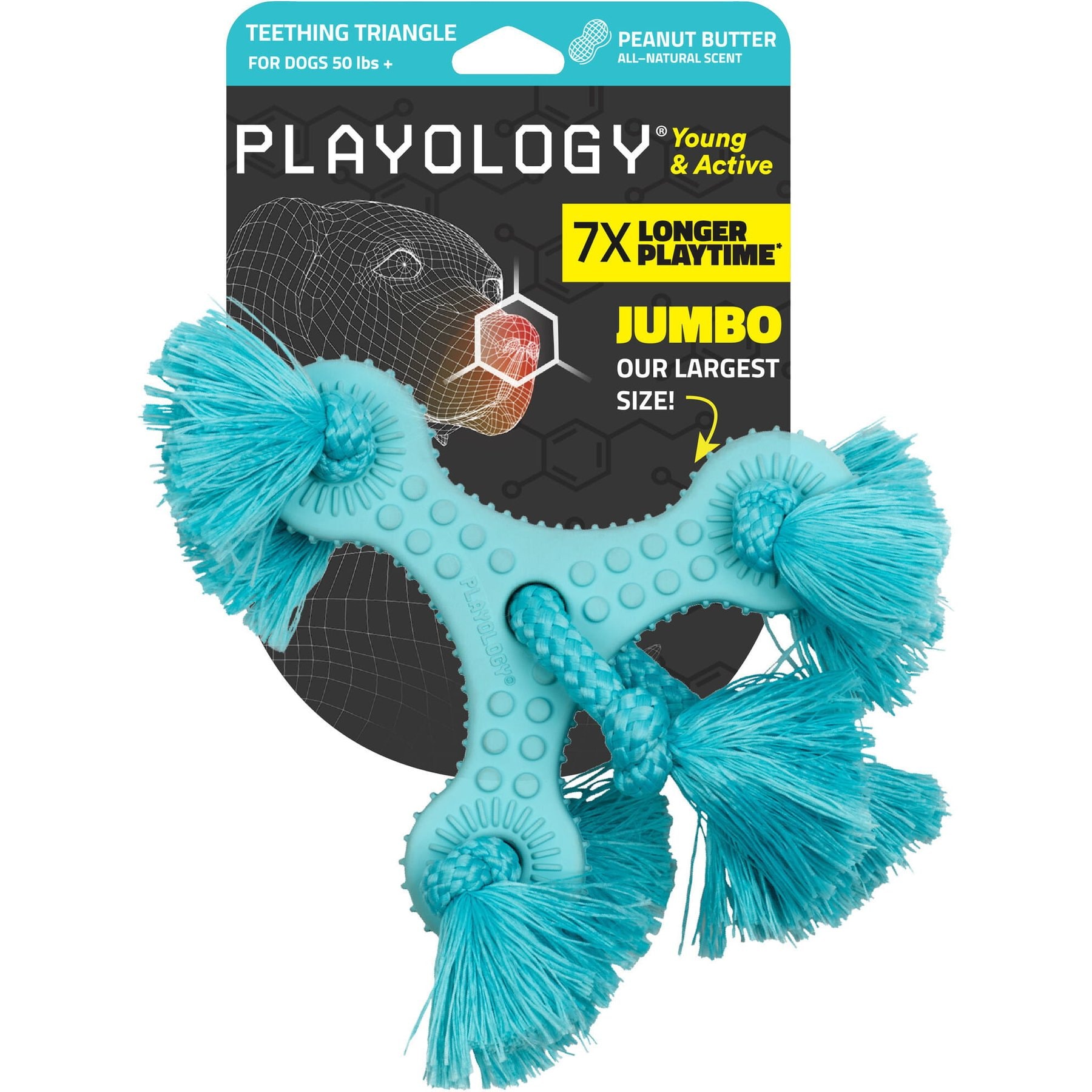 Playology Peanut Butter Scented Young & Active Teething Triangle Dog Toy, Jumbo