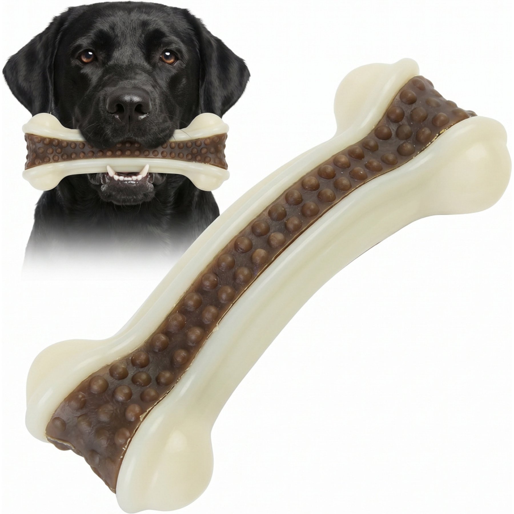Kseroo Curved Bone Edible Leather & Durable Nylon Dog Chew Toy, Brown/White, Medium