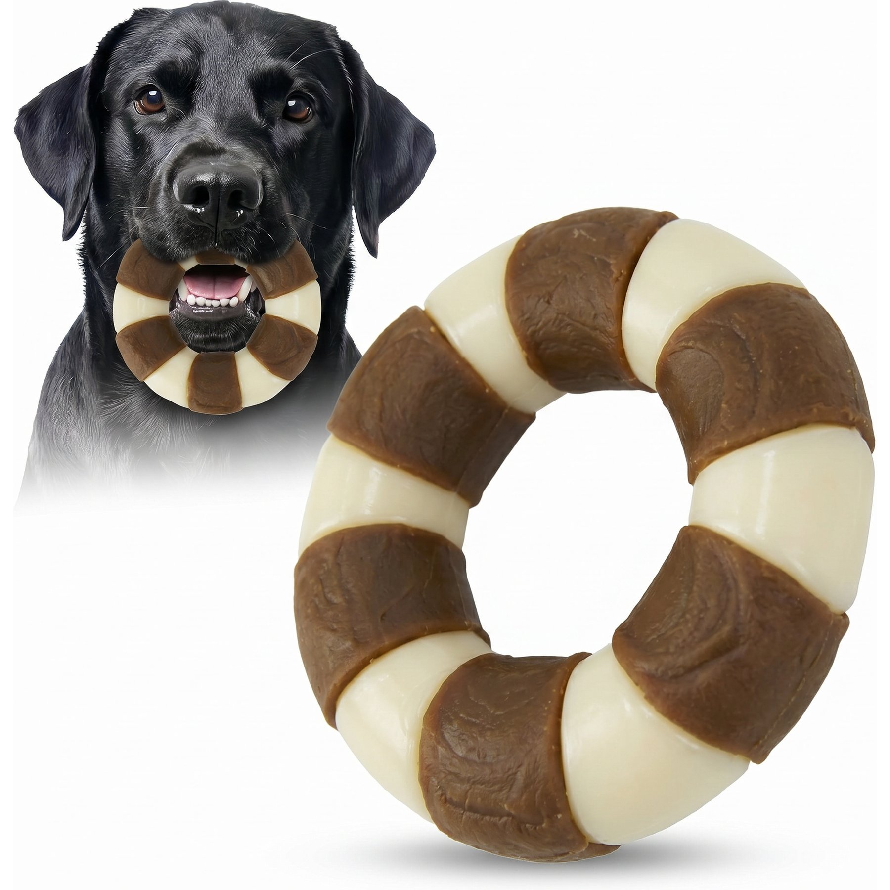 Kseroo Ring Edible Leather & Durable Nylon Dual-Material Dog Chew Toy, Brown/White, Small