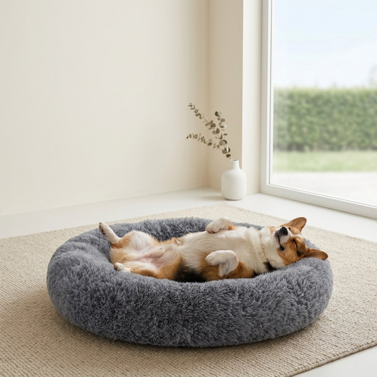LFC PETS Calming Donut Anti-Anxiety Faux Fur Dog & Cat Bed, Dark grey, Medium