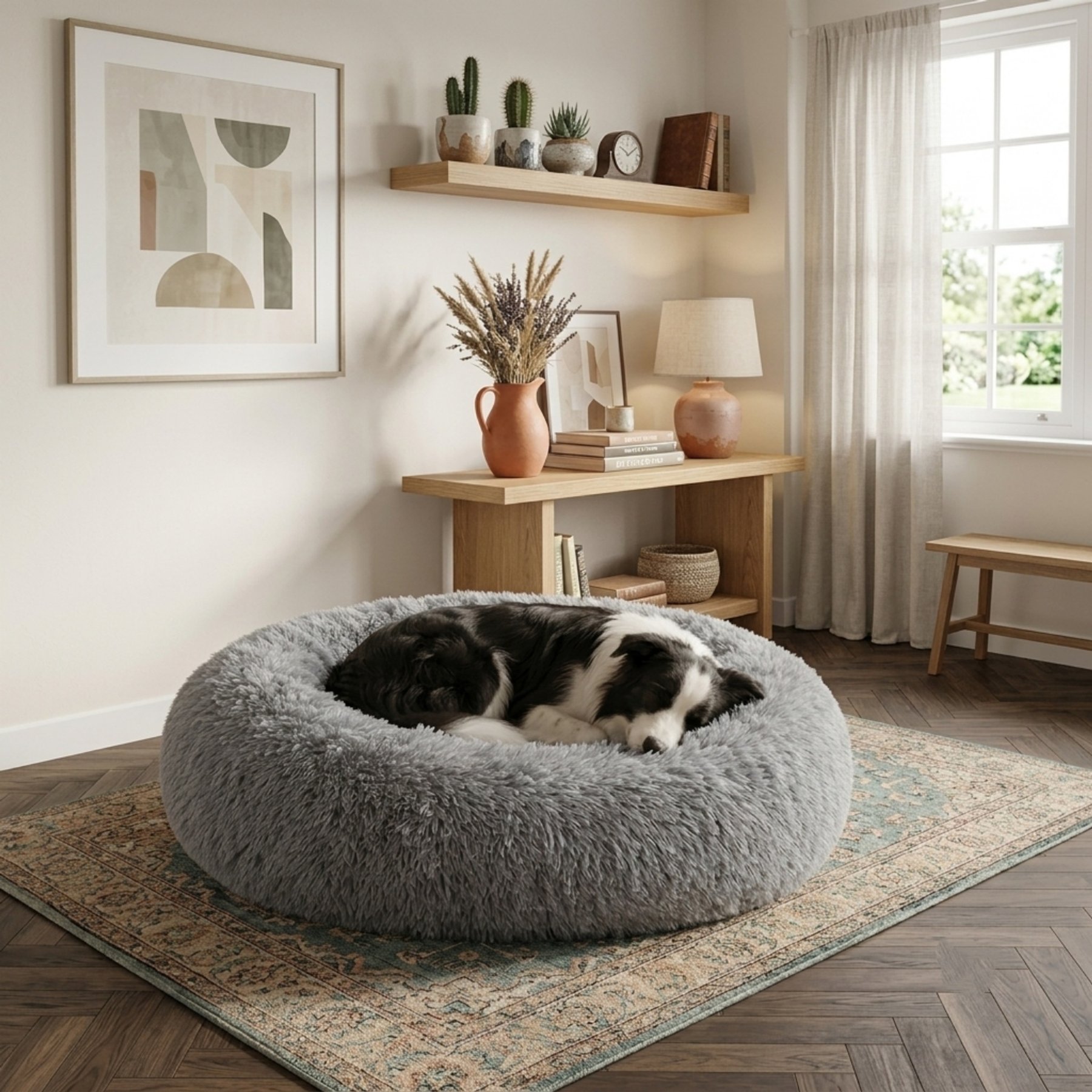 LFC PETS Calming Donut Anti-Anxiety Faux Fur Dog & Cat Bed, Grey, Large