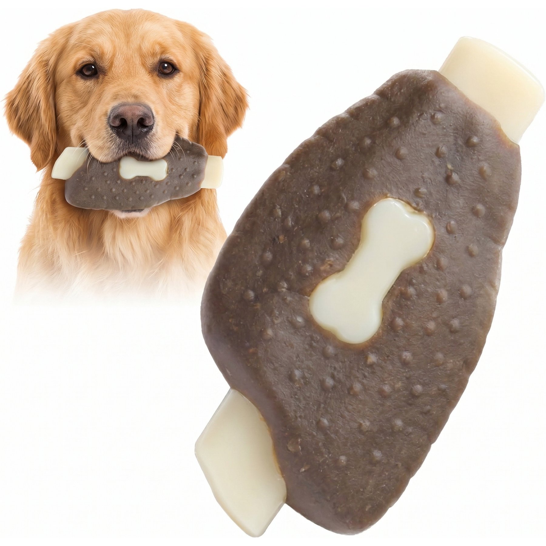 Kseroo Chicken Wing Edible Leather & Durable Nylon Dual-Material Dog Chew Toy, Brown/White, Small