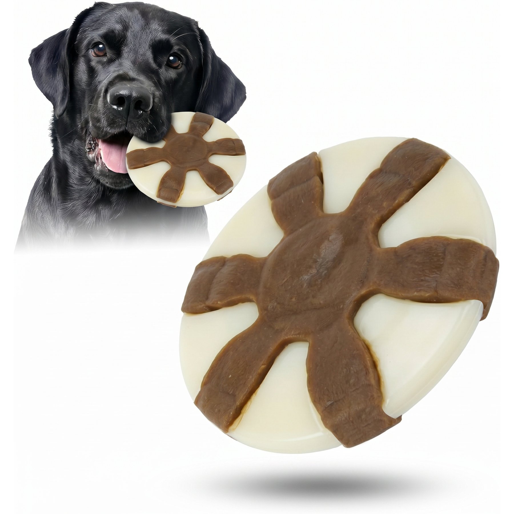 Kseroo Frisbee Edible Leather & Durable Nylon Dual-Material Dog Chew Toy, Brown/White, Small