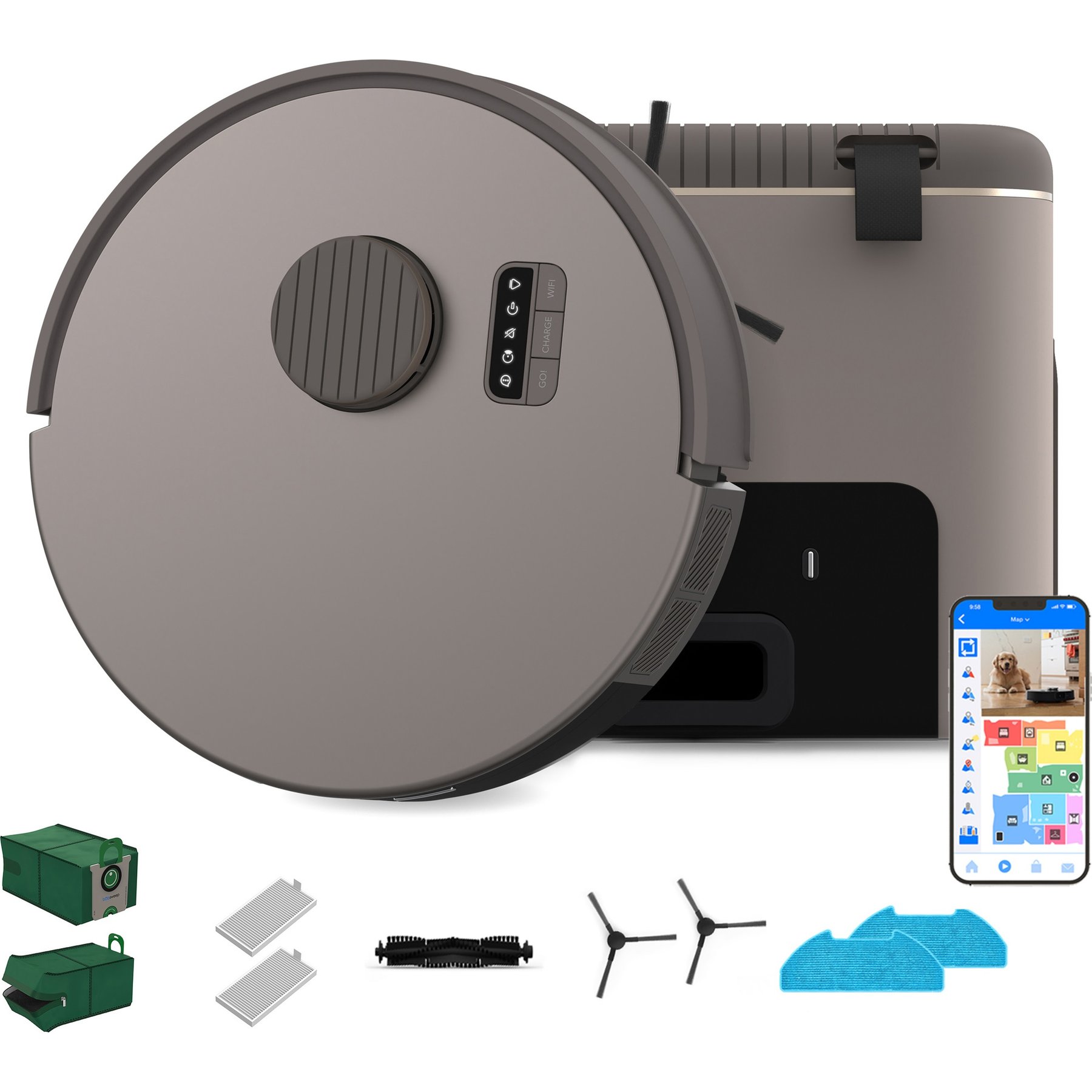 bObsweep Bio Robot Vacuum Cleaner & Mop with 100-Day Auto-Empty Dock & Odor Filtration Reusable Bags, Riverstone
