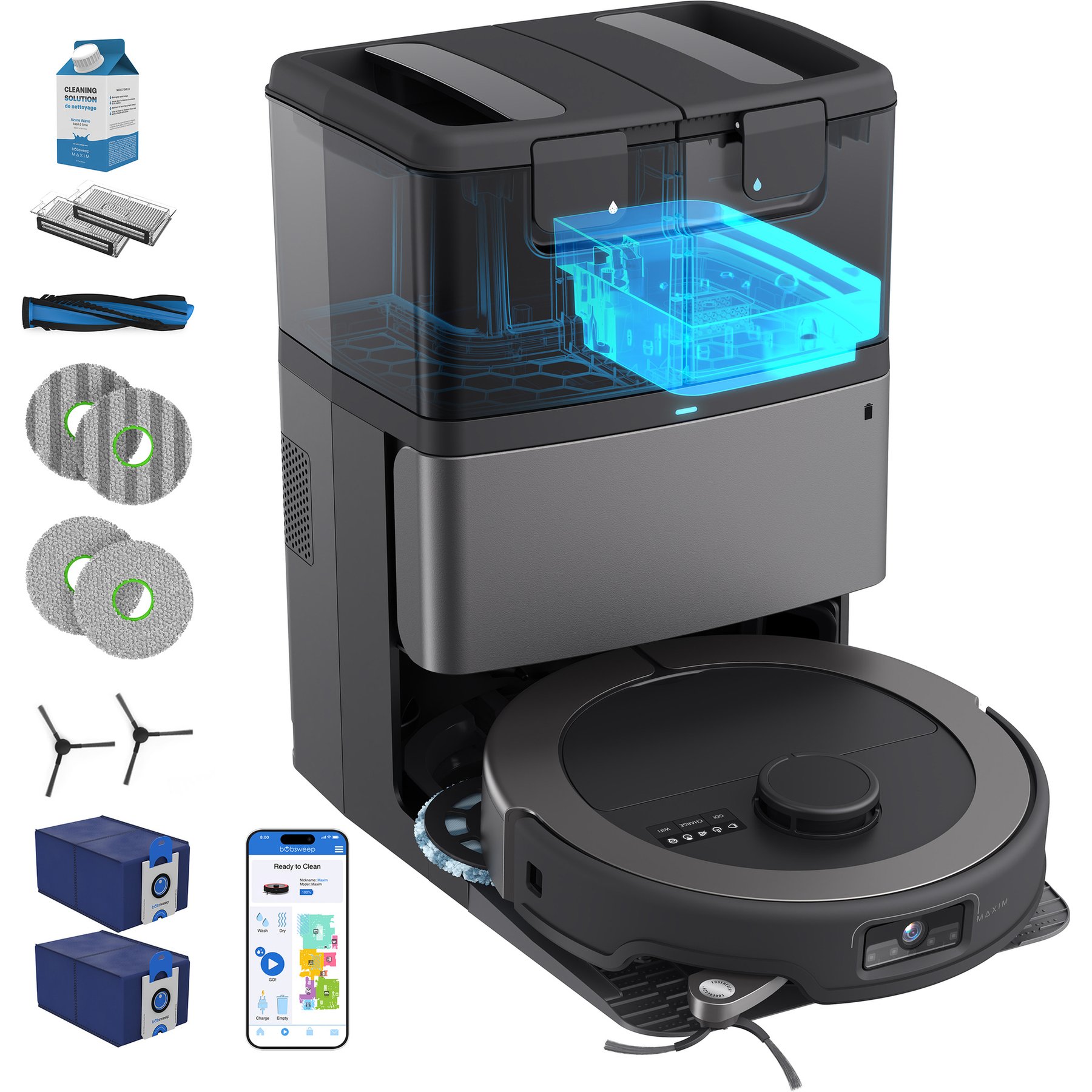 bObsweep Maxim Robot Vacuum Cleaner with Auto-Wash, Auto-Dry, Auto-Empty Dock, Odor Filtering Bags, Self-Cleaning Brush & 4 Boosted Suction, Titanium