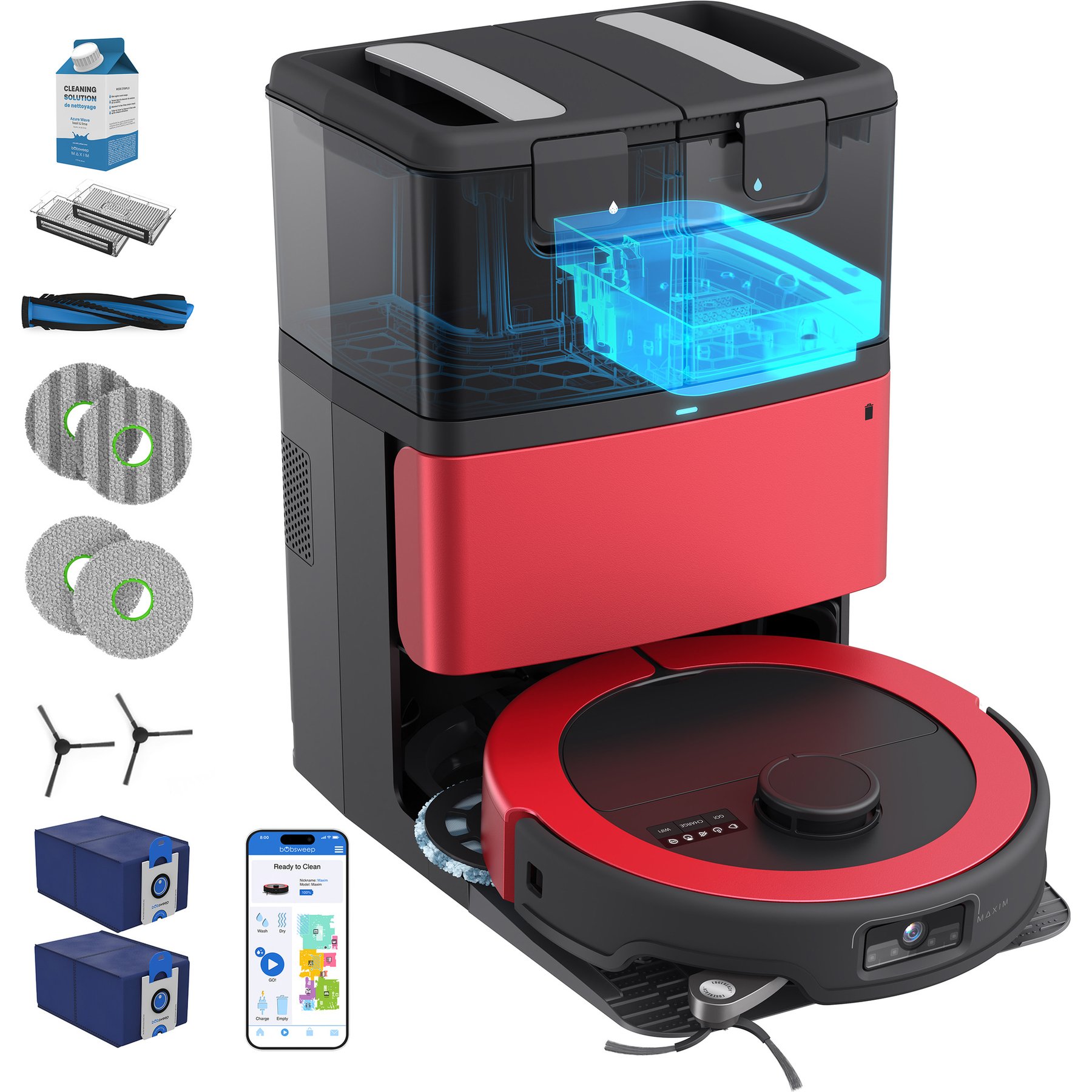 bObsweep Maxim All-in-One Robotic Vacuum & Mop with Odor Filtering Auto-Wash, Auto-Empty Dock & Ferocious Suction, Imperial Red