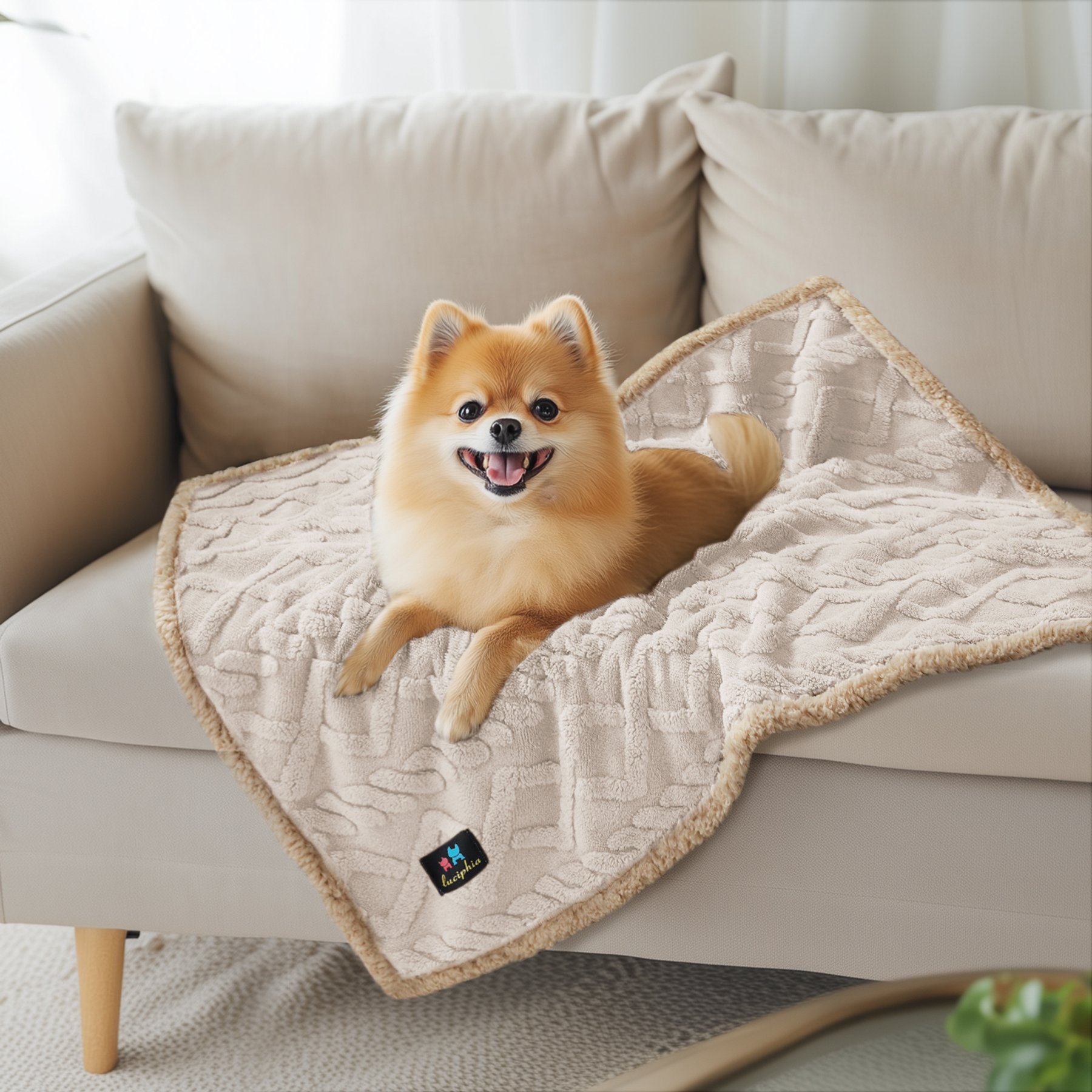 Luciphia Waterproof Soft Bed Couch Dog Blanket, Beige, Small