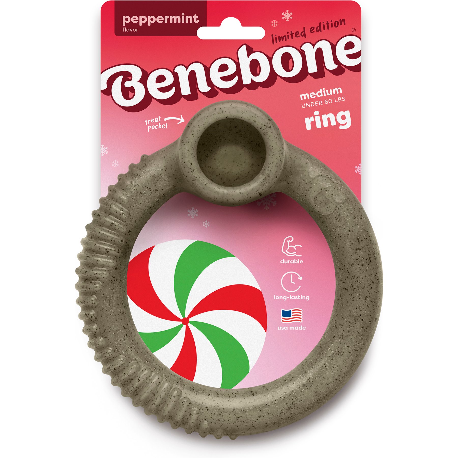 Benebone Christmas Ring Peppermint Tough Dog Chew Toy, Medium