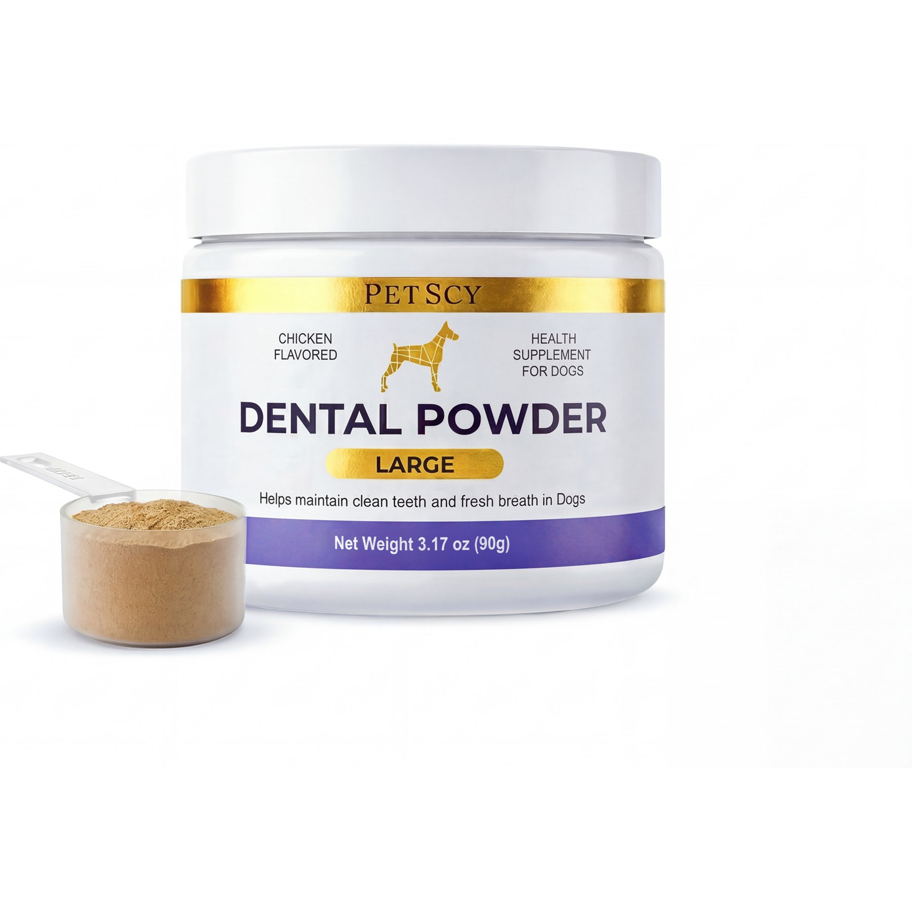 PetScy Teeth Cleaning Oral Care Powder Plaque & Tartar Support Chicken Flavored Breath-Freshening Dog Dental Supplement, Large: 3.17-oz