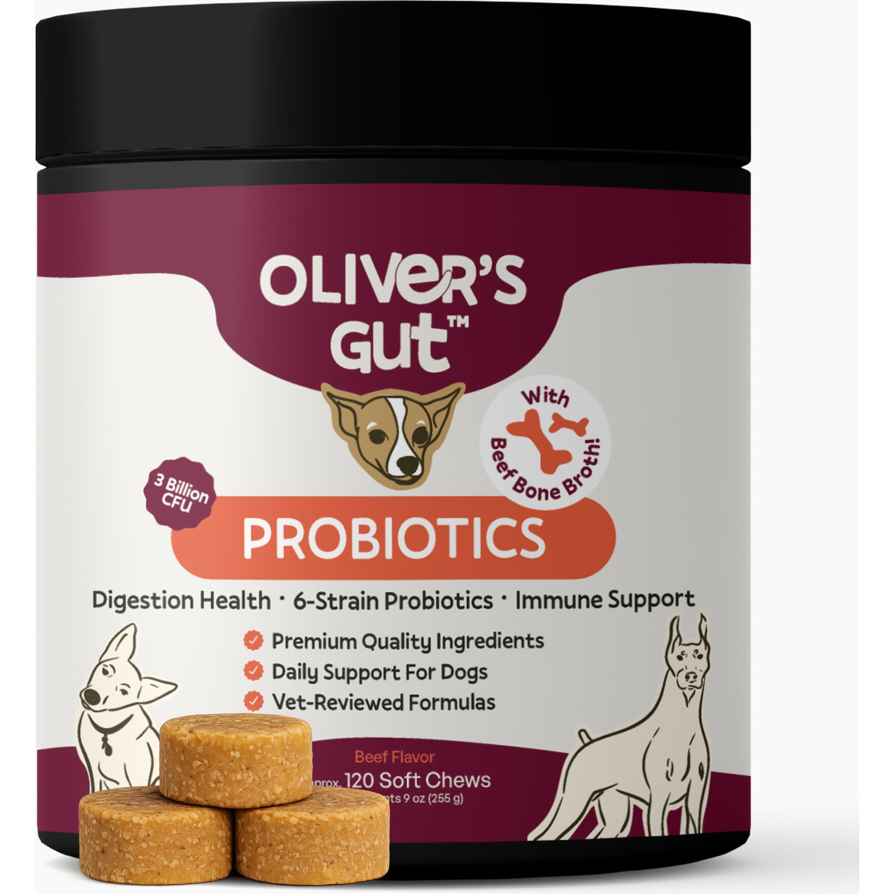 Oliver's Gut Probiotics Soft Chews with Pumpkin, Papaya, Beef Bone Broth Digestive Aid for Dogs, 120 count