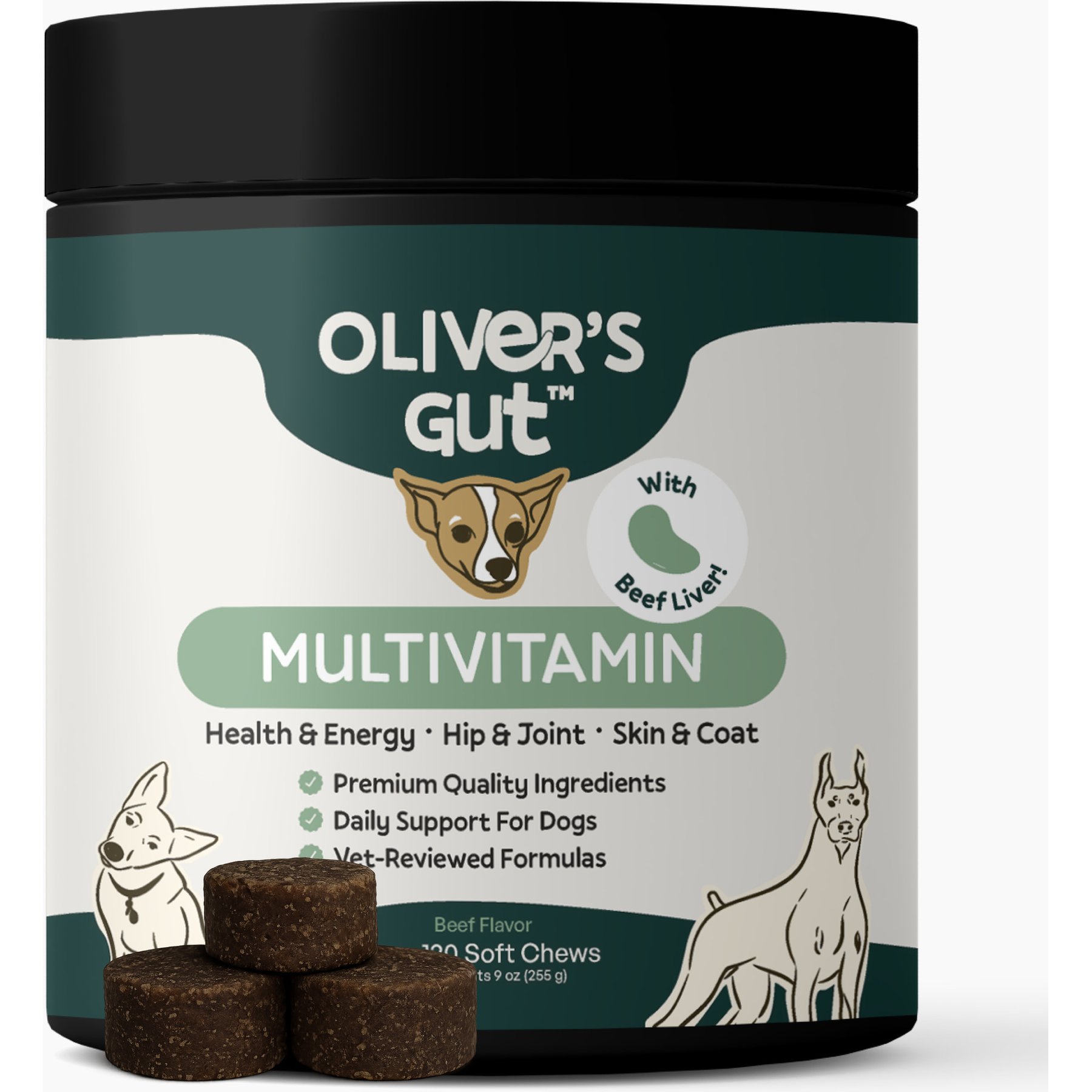Oliver's Gut Multivitamin Soft Chews with Glucosamine, Beef Liver, Omega-3 Vitamins for Dogs, 120 count