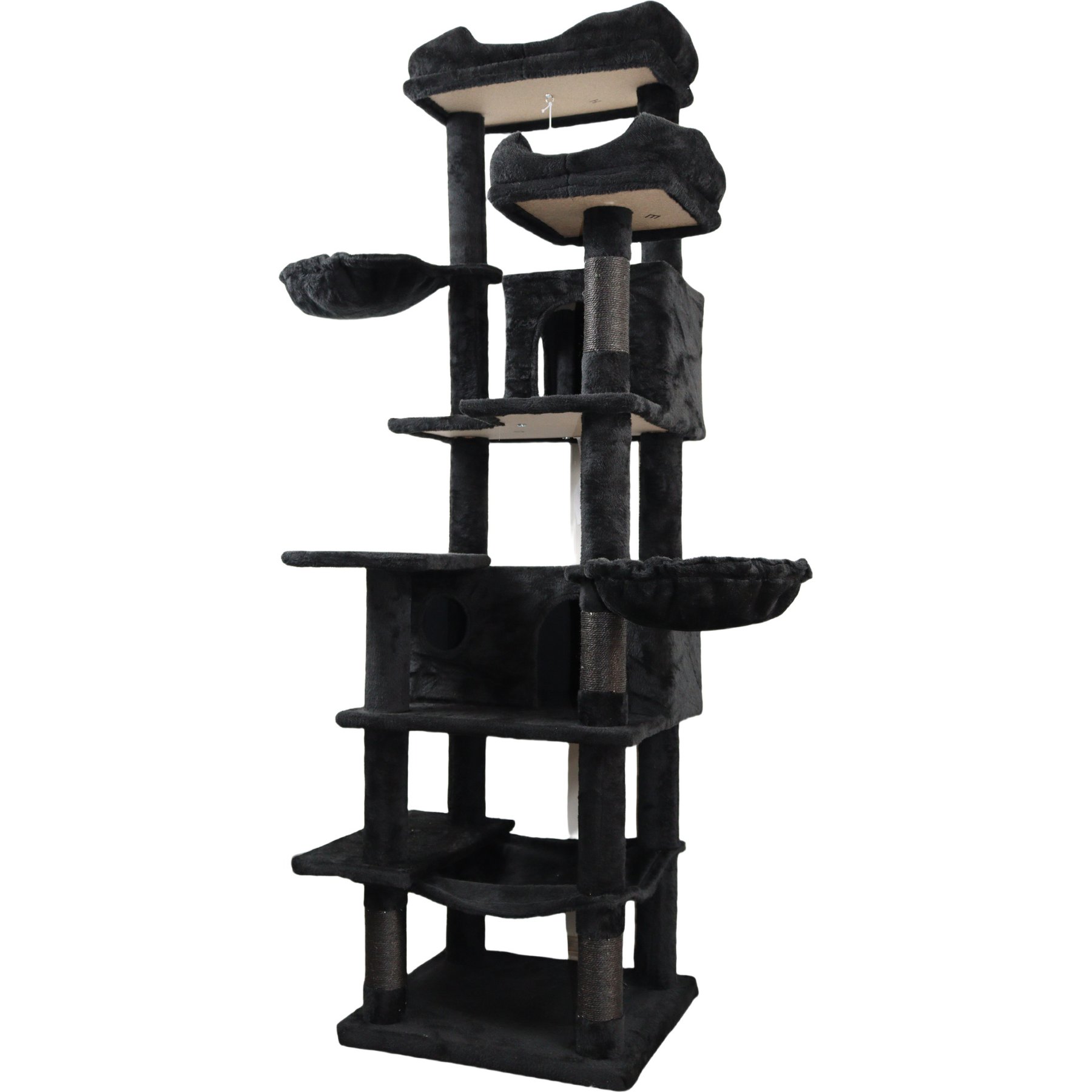 Cesicia Indoor Plush Cat Tree Tower with Hammocks, Hanging Basket, Cave & Removeable Cushion, 68-in, Black