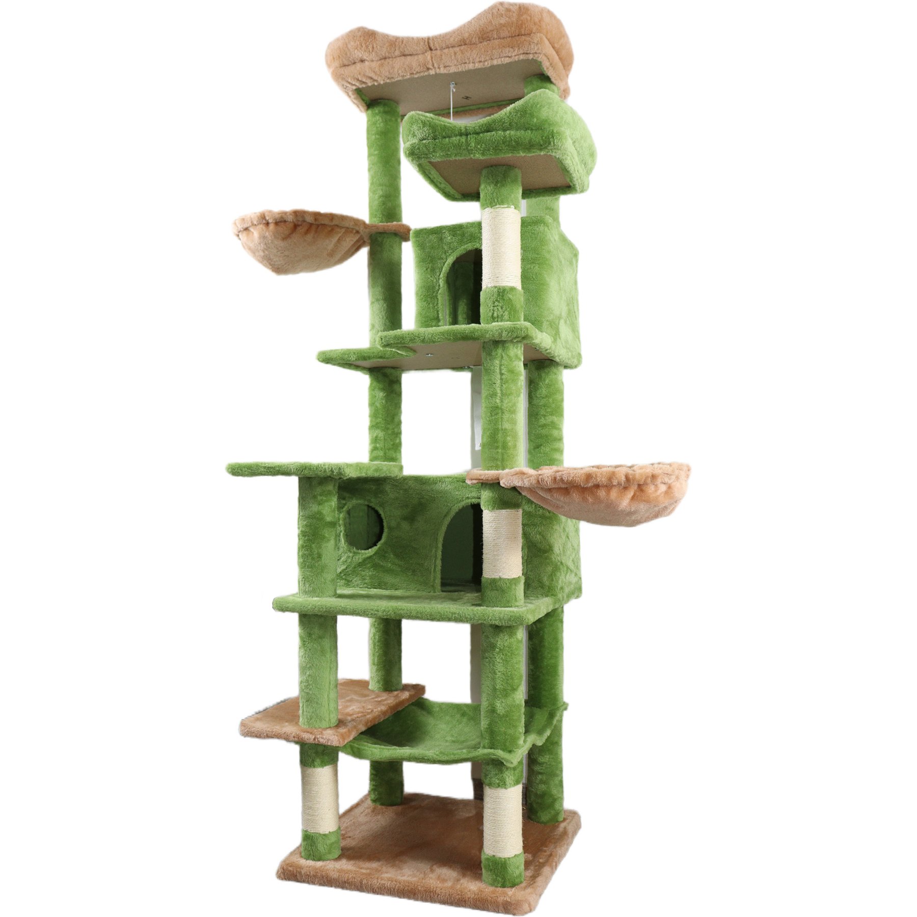 Cesicia Indoor Plush Cat Tree Tower with Hammocks, Hanging Basket, Cave & Removeable Cushion, 68-in, Green