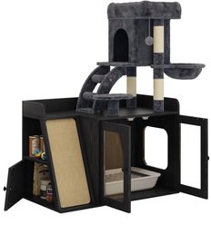 Cesicia All-in-One Cat Hidden Litter Box Enclosure with Cat Tree Tower, Black