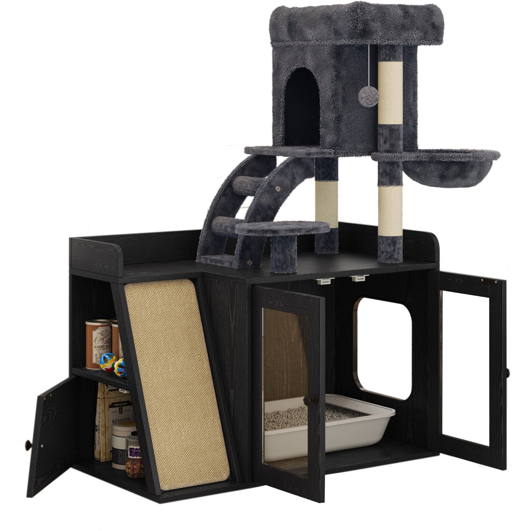 Cesicia All-in-One Cat Hidden Litter Box Enclosure with Cat Tree Tower, Black