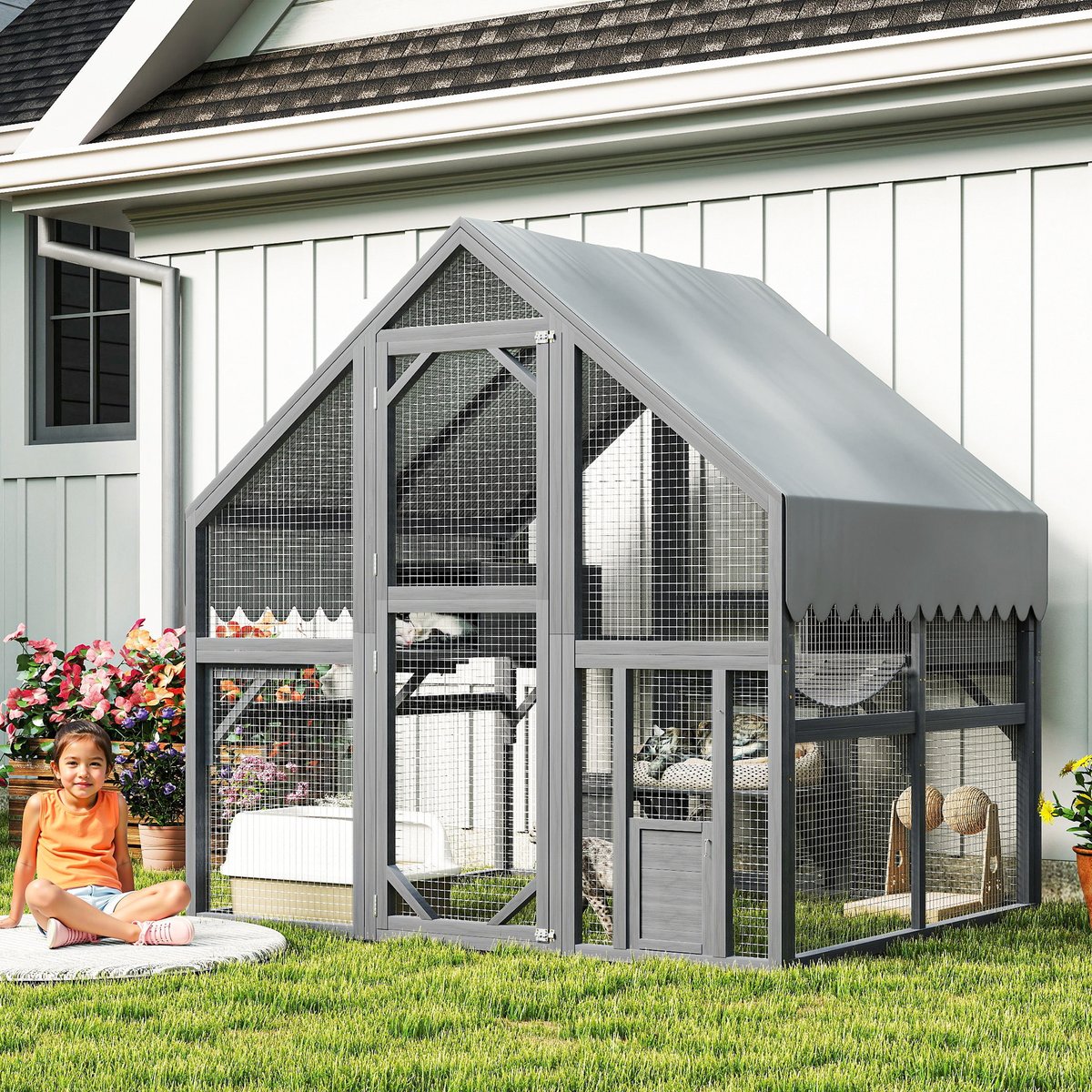Zeus & Ruta Outdoor 2 Platforms, 2 Resting Box & 1 Bridges, Wooden Feral Shelter with Waterproof Cat Litter Box Enclosure, Gray