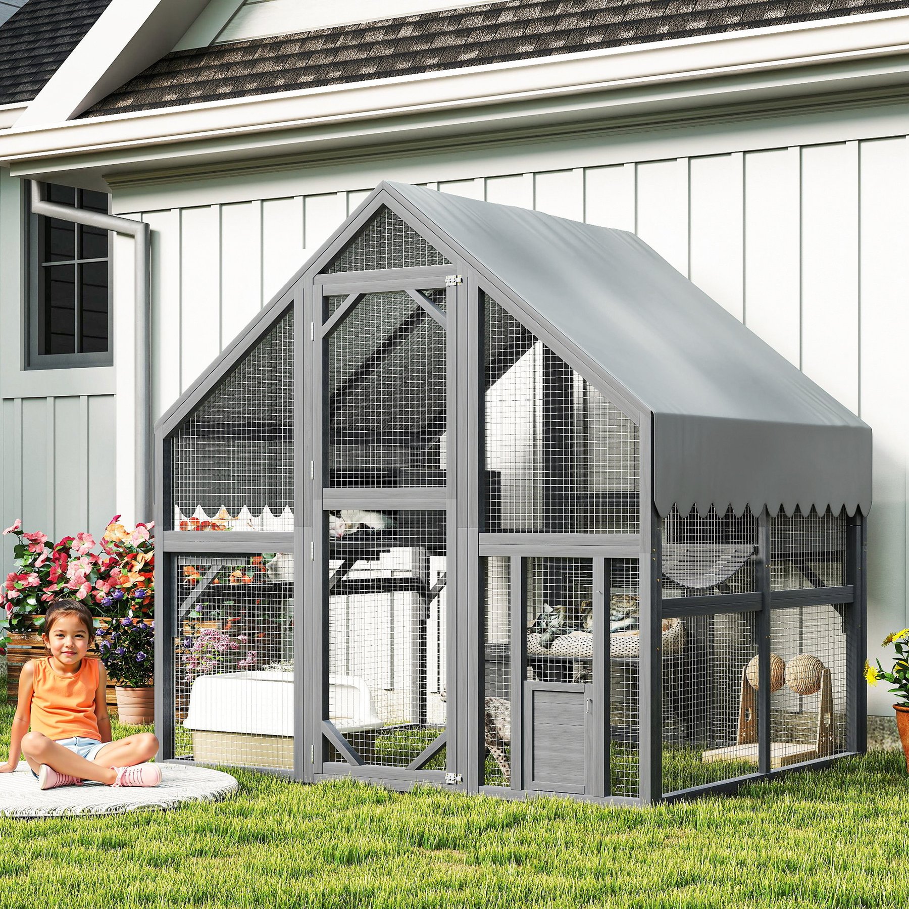 Zeus & Ruta Outdoor 2 Platforms, 2 Resting Box & 1 Bridges, Wooden Feral Shelter with Waterproof Cat Litter Box Enclosure, Gray