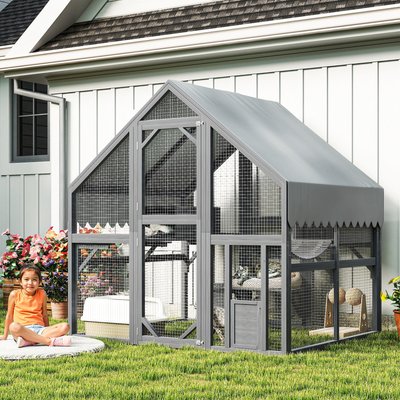 Zeus & Ruta Zeus & Ruta Outdoor 2 Platforms, 2 Resting Box & 1 Bridges, Wooden Feral Shelter with Waterproof Cat Litter Box Enclosure, Gray