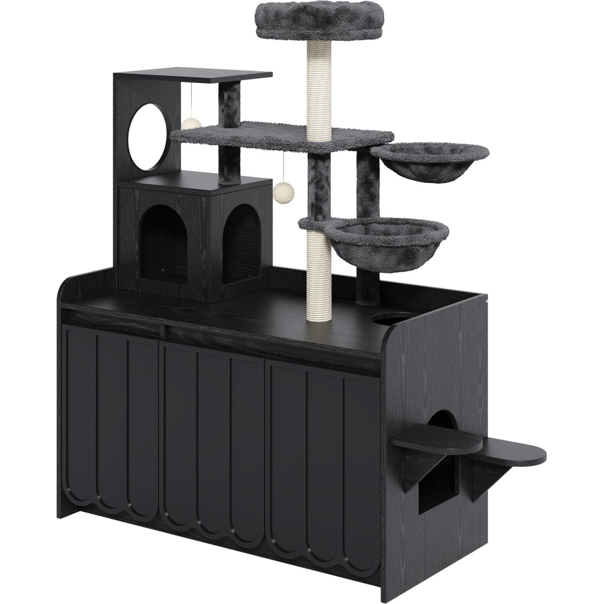 Cesicia All-in-One Modern Condo Cat Tree with Hidden Litter Box Enclosure, House, Hammock & Perch, Black