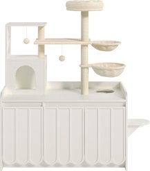 Zeus & Ruta Hidden Litter Box Enclosure Furniture, All-in-One Modern Condo with House, Hammock & Perch 56-in Cat Tree, White