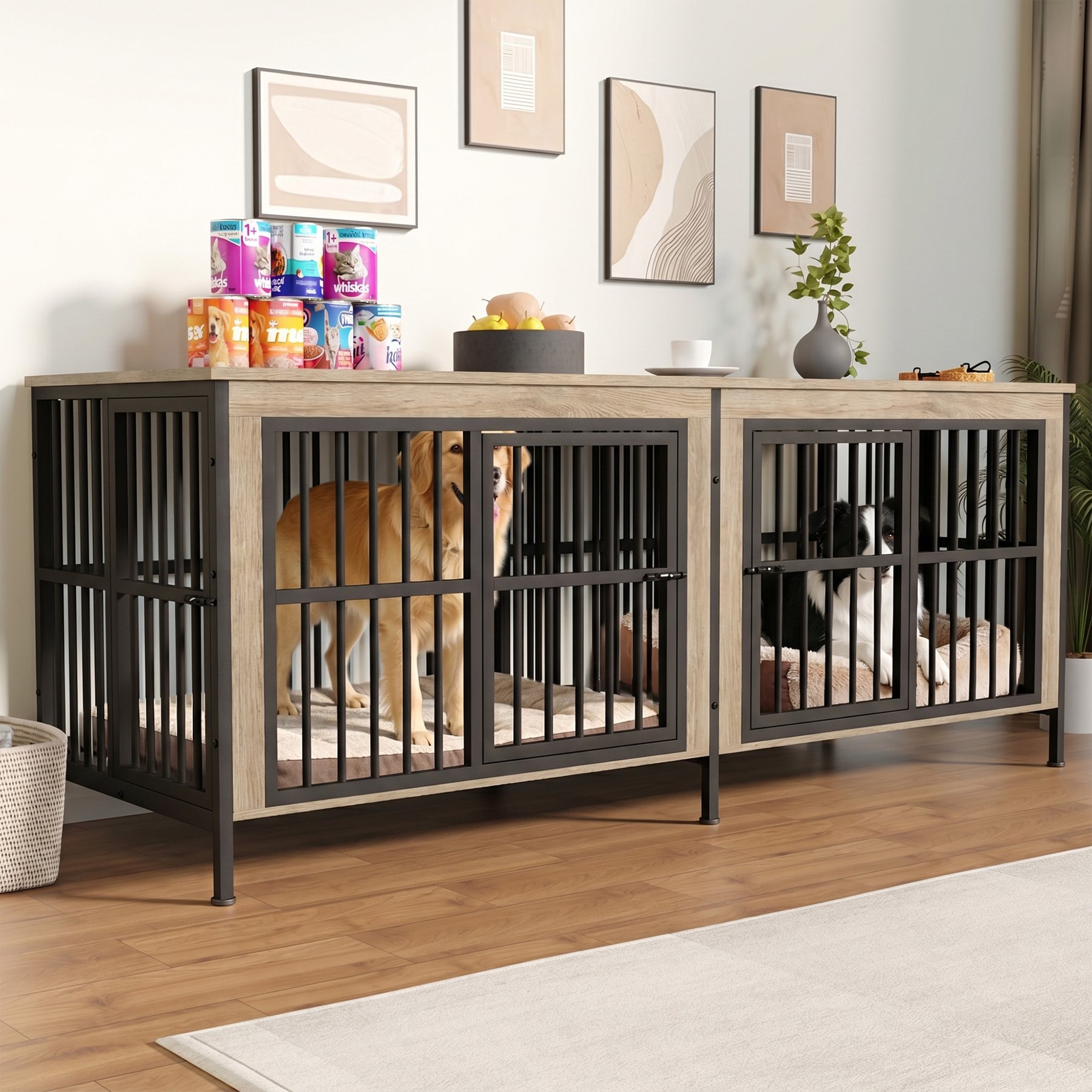 IronovaPets Double-Compartment Furniture Style Dog Crate, White