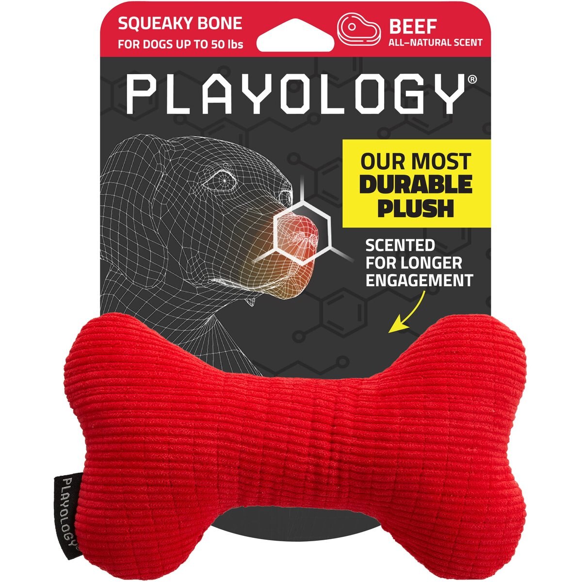 Playology Beef Scented Squeaky Bone Plush Dog Toy, Medium