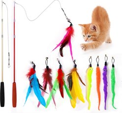 Kseroo Indoor 9 Feathers & 2 Strings, Wand Refills, Replacements Exercise Cat Toy, Multicolor, 11 count