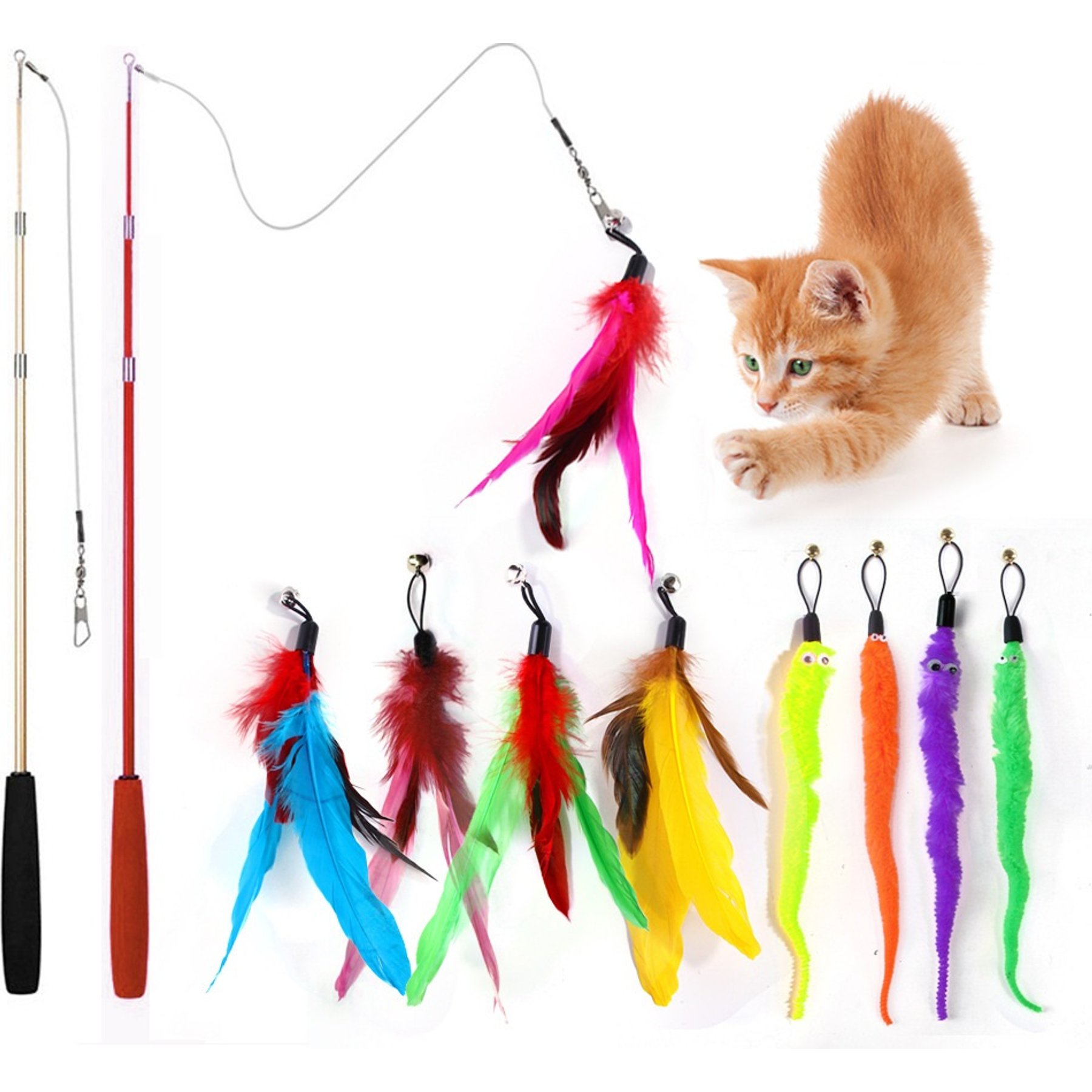 Kseroo Indoor 9 Feathers & 2 Strings, Wand Refills, Replacements Exercise Cat Toy, Multicolor, 11 count