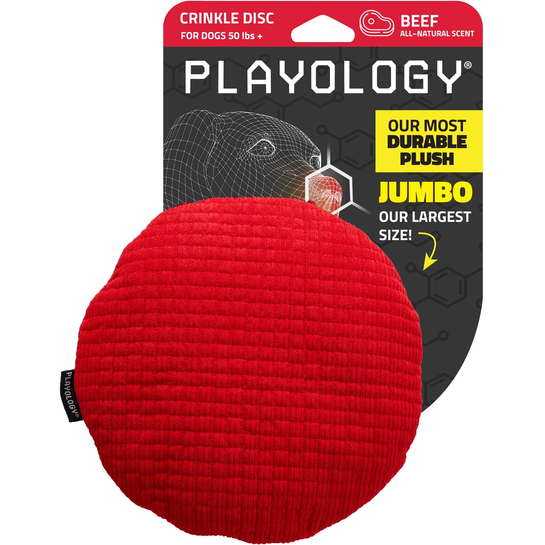 Playology Beef Scented Crinkle Disc Plush Dog Toy, Jumbo